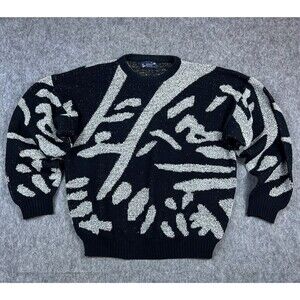 Vtg Interim Men's Knit Sweater Black and Gray Long Sleeve Crewneck Size Large